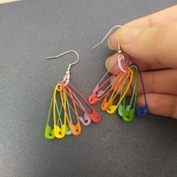 Rainbow Safety Pin Earrings For Women Minimalist Colorful Paperclip Drop - Picture 2 of 3